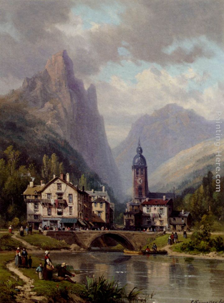 An Agler Before An Alpine Riverside Town painting - Charles Euphrasie Kuwasseg An Agler Before An Alpine Riverside Town art painting